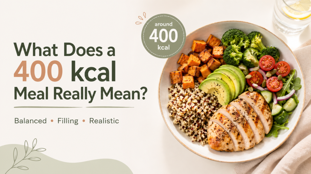 Balanced 400 kcal meal with grilled chicken, quinoa, sweet potato, avocado, broccoli and fresh vegetables, illustrating what a realistic 400 kcal meal can look like.