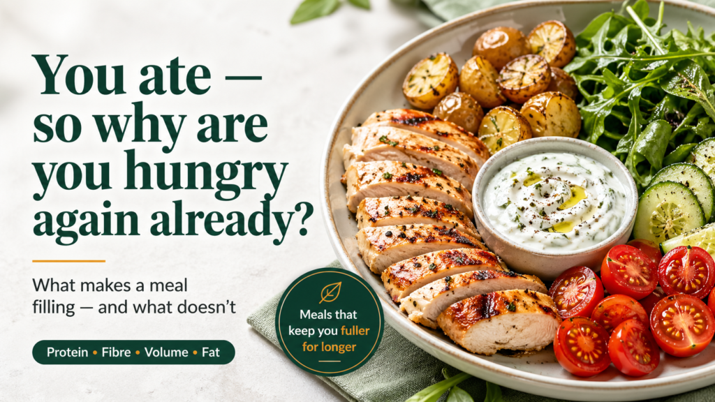 Graphic for an article about why you get hungry again after eating, showing a balanced plate with grilled chicken, roasted potatoes, yogurt dip, salad, cucumber, and cherry tomatoes, alongside overlaid text about what makes a meal more filling
