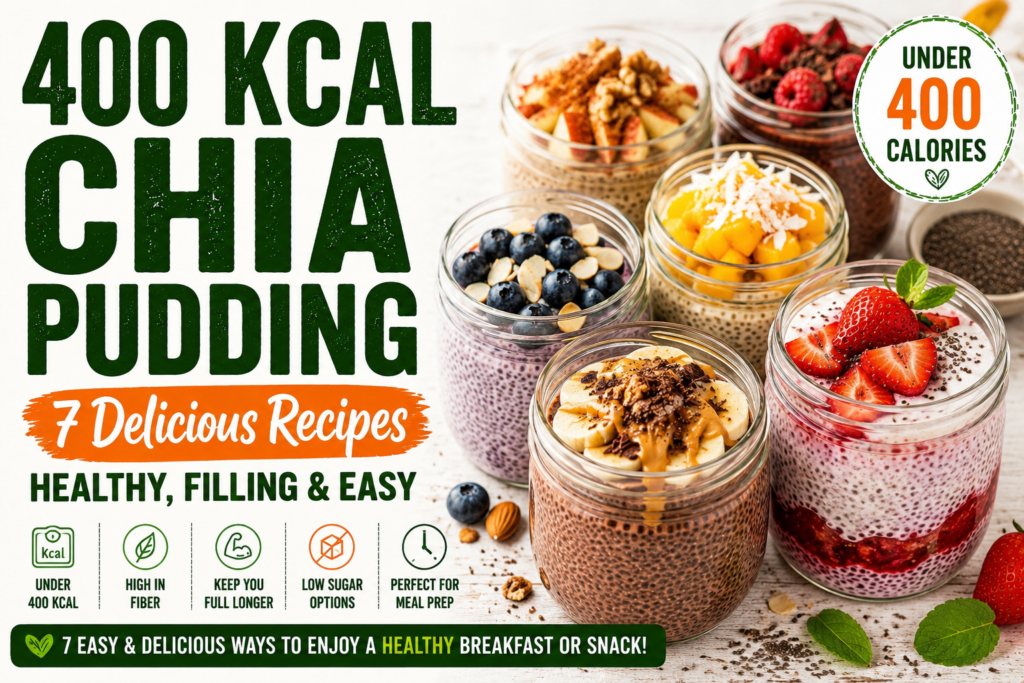 Featured image with multiple colorful chia pudding jars under 400 calories including strawberry, chocolate banana, blueberry almond, and mango coconut variations.
