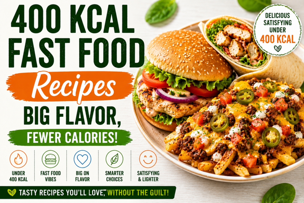 Featured image for 400 kcal fast food recipes with burger wrap and loaded fries under 400 calories