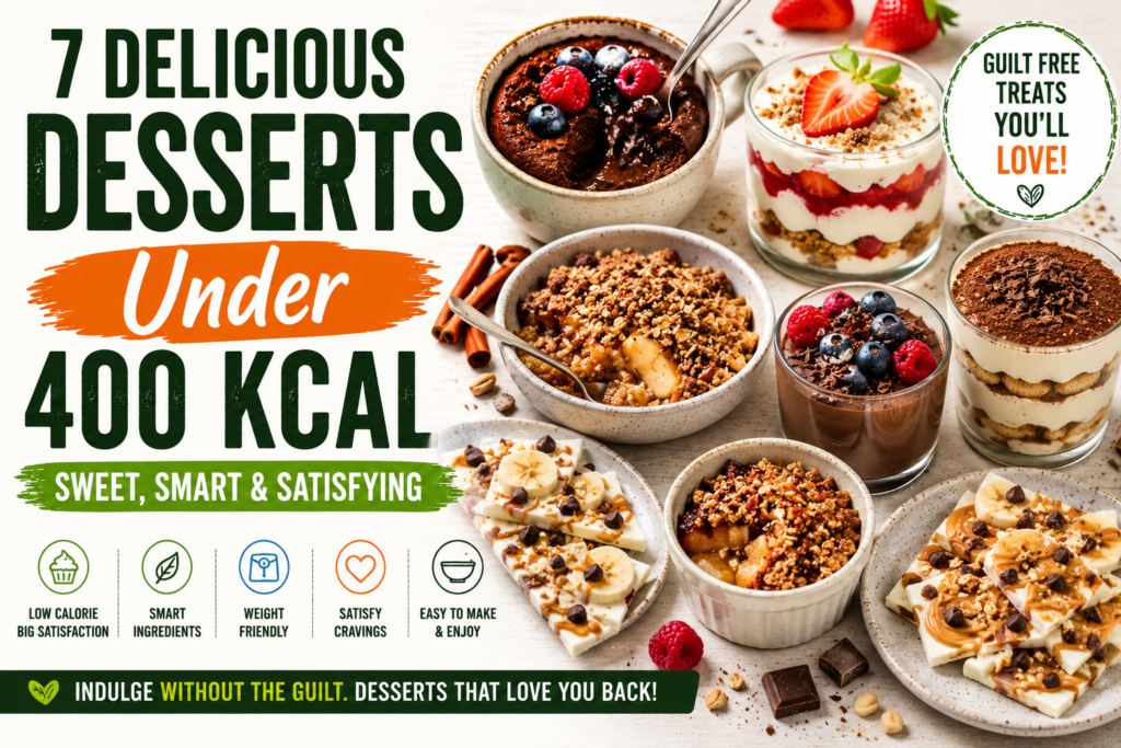 Featured image collage with chocolate mug cake, strawberry cheesecake jars, tiramisu cups, yogurt bark, and fruit crumbles under 400 kcal.
