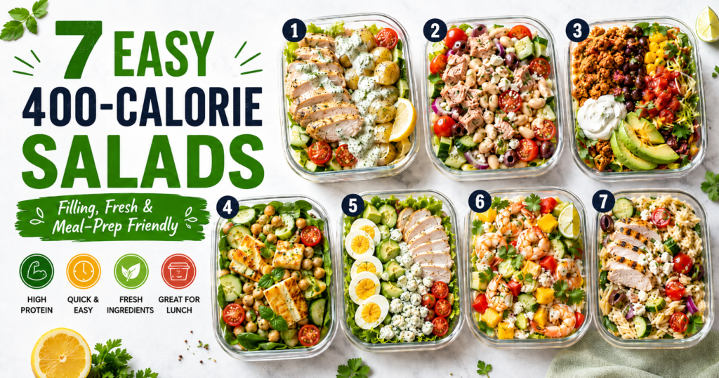 Featured image for 7 easy 400-calorie salads showing seven meal-prep salad bowls, including chicken, tuna, taco, halloumi, egg, shrimp, and Greek orzo salads, with bold text overlay on a bright clean background.