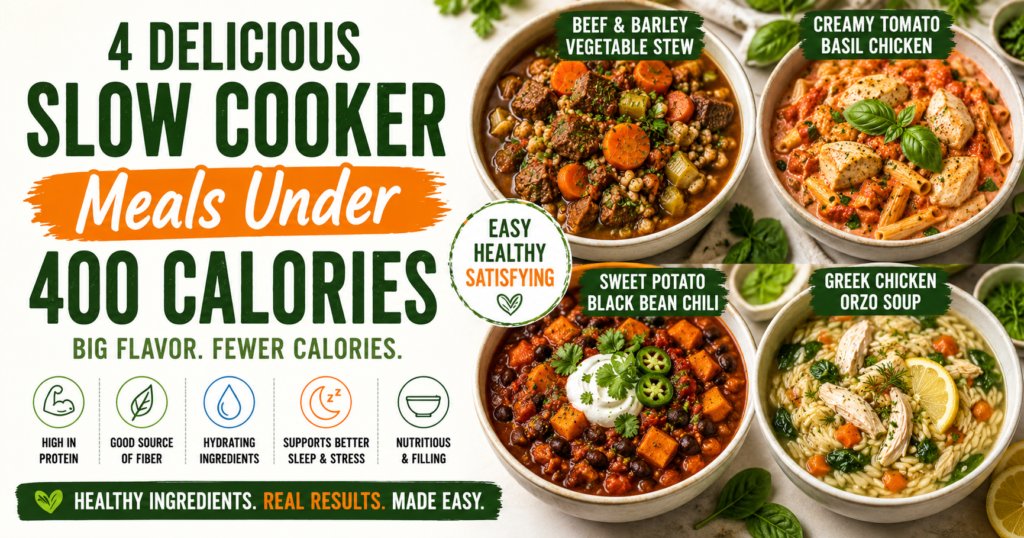 Pinterest graphic featuring 7 easy slow cooker recipes under 400 calories, including lemon garlic chicken and potatoes, turkey and bean chili, beef and barley vegetable stew, salsa chicken rice bowls, creamy tomato basil chicken, sweet potato black bean chili, and Greek chicken orzo soup.