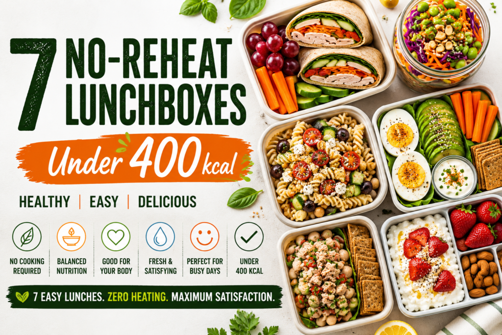 Featured image for 7 no-reheat lunchboxes under 400 kcal with colorful healthy lunchboxes, wraps, salad jars, pasta salad, eggs, avocado, and cottage cheese bento.