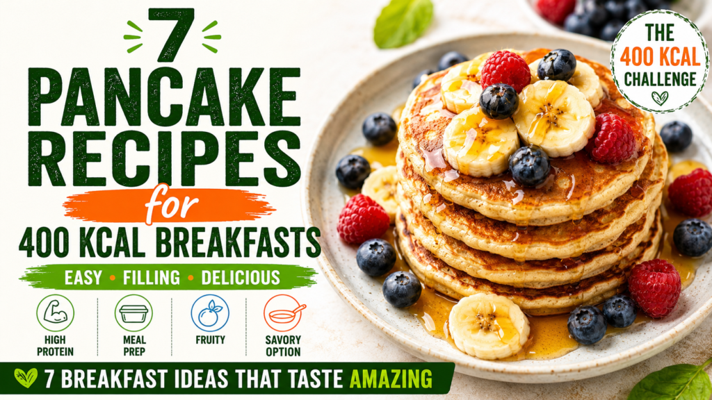 Featured image for 7 pancake recipes for 400 kcal breakfasts, with a stack of pancakes topped with banana, berries and syrup.