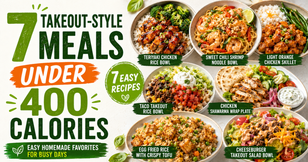 Featured image for 7 takeout-style meals under 400 calories, showing teriyaki chicken rice bowl, sweet chili shrimp noodles, orange chicken, taco rice bowl, chicken shawarma plate, egg fried rice with tofu, and cheeseburger salad bowl.