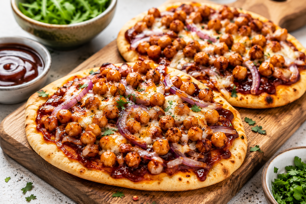 Air fryer BBQ chickpea flatbreads with melted cheese, red onion, and crispy roasted chickpeas for an easy vegetarian meal under 400 calories.