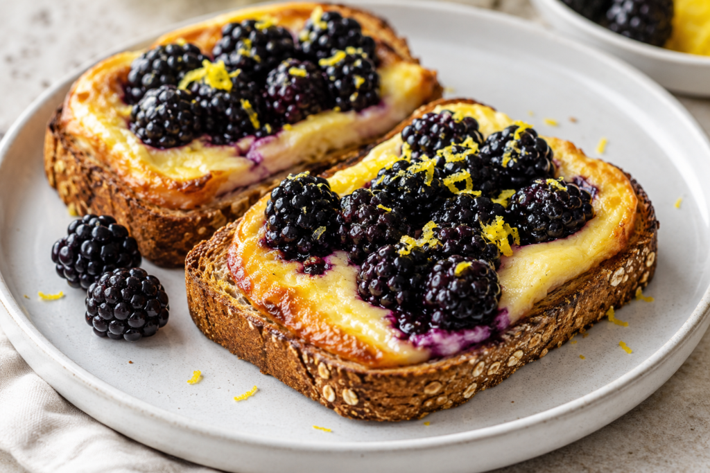 Air fryer blackberry cheesecake protein toast under 400 calories with golden whole grain bread, creamy yogurt filling, blackberries, and lemon zest.