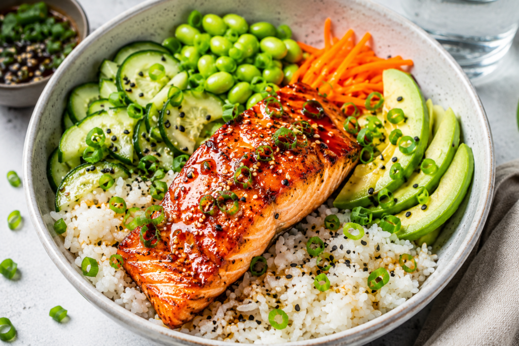 Air fryer salmon rice bowl with white rice, cucumber, avocado, edamame, and sesame seeds in a healthy 400 calorie meal bowl.