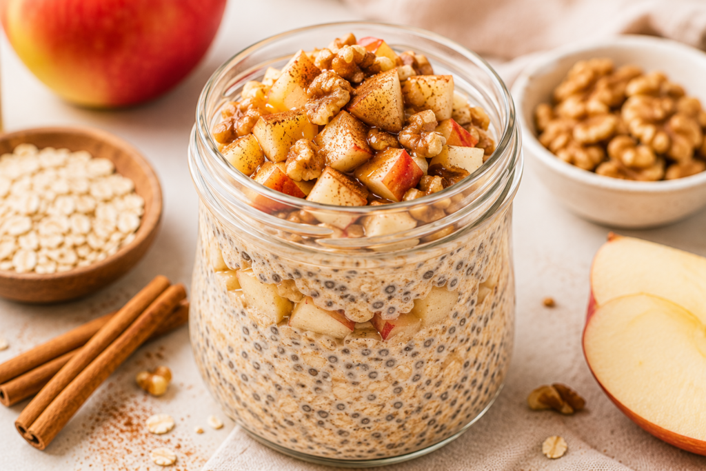 Apple cinnamon oat chia pudding topped with diced apples, walnuts, oats, and cinnamon in a cozy overnight breakfast jar.