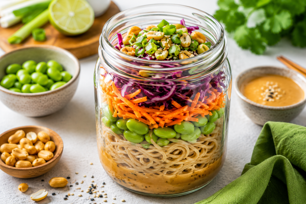 Asian peanut edamame noodle jar with rice noodles, shredded carrots, red cabbage, edamame, sesame seeds, and creamy peanut dressing for a healthy no-reheat lunch under 400 kcal.