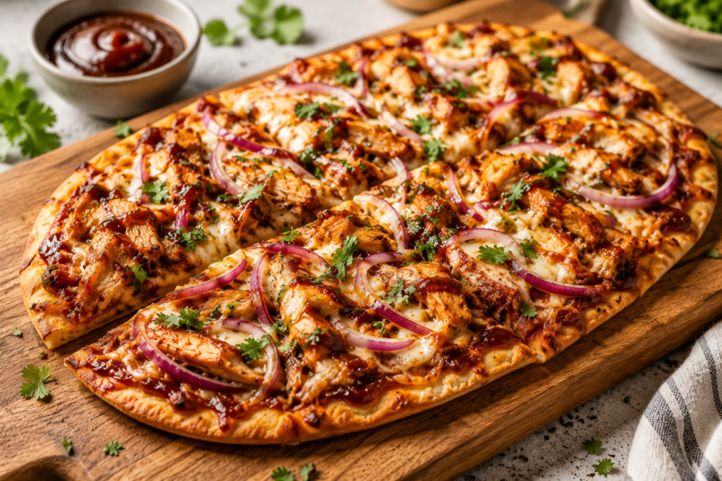 BBQ chicken flatbread pizza with melted mozzarella red onion and barbecue sauce under 400 kcal