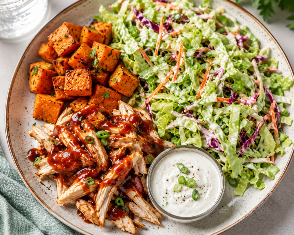 BBQ rotisserie chicken plate with roasted sweet potatoes, creamy cabbage slaw, green onions, and a small yogurt dressing bowl.
