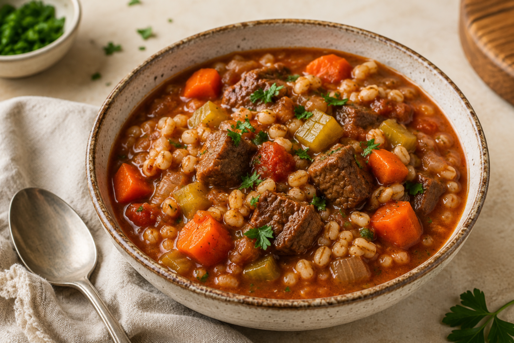 Beef and barley vegetable stew with carrots, celery, and herbs in a rustic bowl, served as an easy slow cooker dinner under 400 calories.