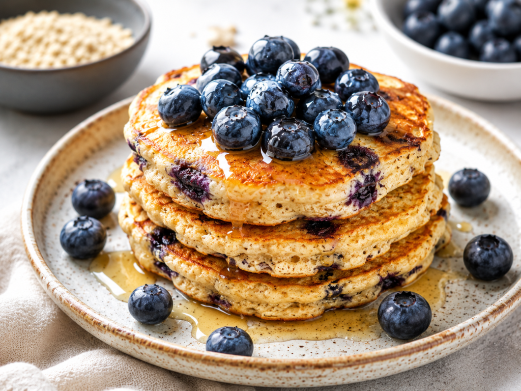 Stack of blueberry almond flour pancakes topped with fresh blueberries and a light honey drizzle.