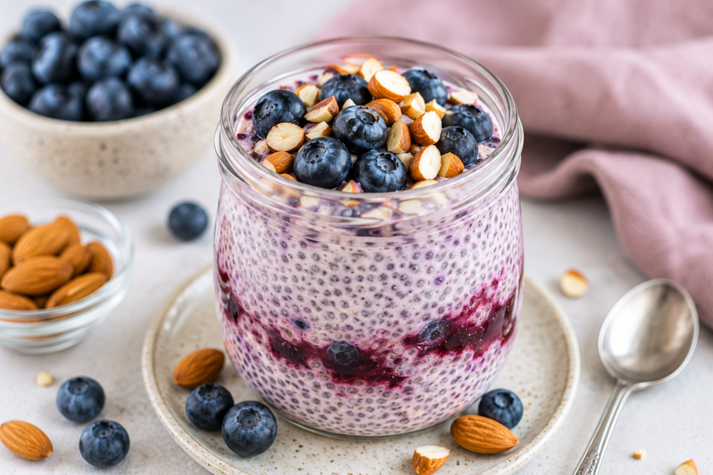Blueberry almond overnight chia pudding layered with blueberries and topped with chopped almonds in a creamy breakfast jar.
