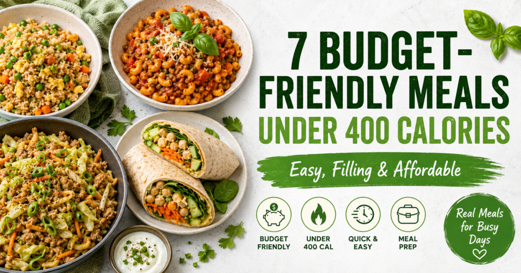 Seven budget-friendly meals under 400 calories, including egg fried rice, lentil tomato pasta, turkey cabbage skillet, and chickpea yogurt wraps, arranged in a bright featured image.