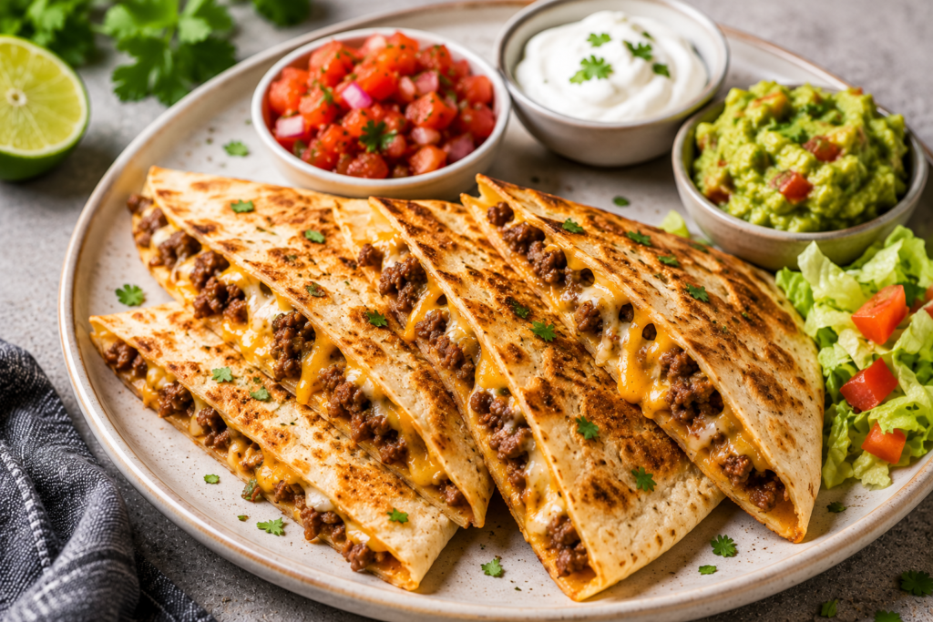 Cheesy beef quesadilla wedges with salsa yogurt dip and fresh salad under 400 kcal