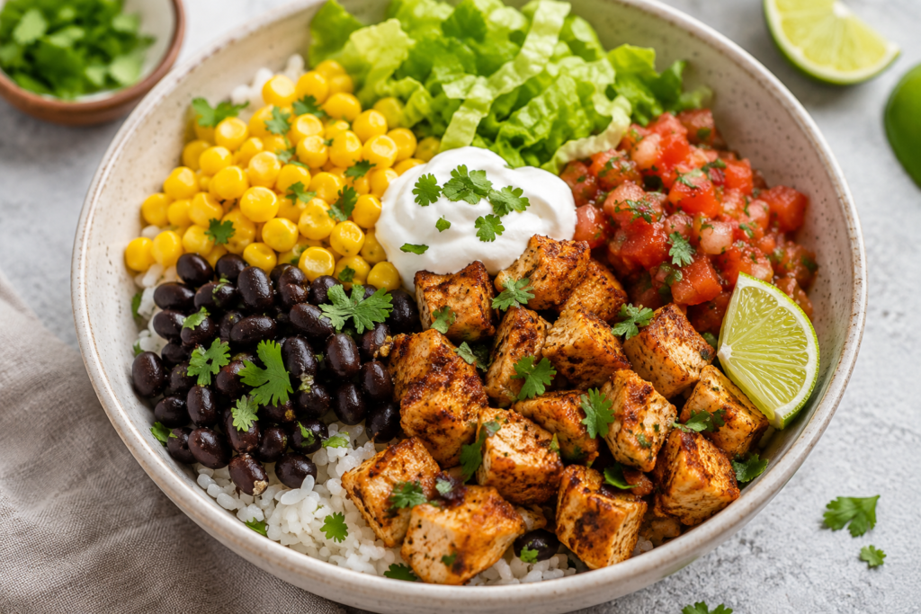 Chicken bean taco rice bowl with seasoned chicken, black beans, corn, lettuce, salsa, rice, Greek yogurt, and lime, served as a budget-friendly meal under 400 calories.