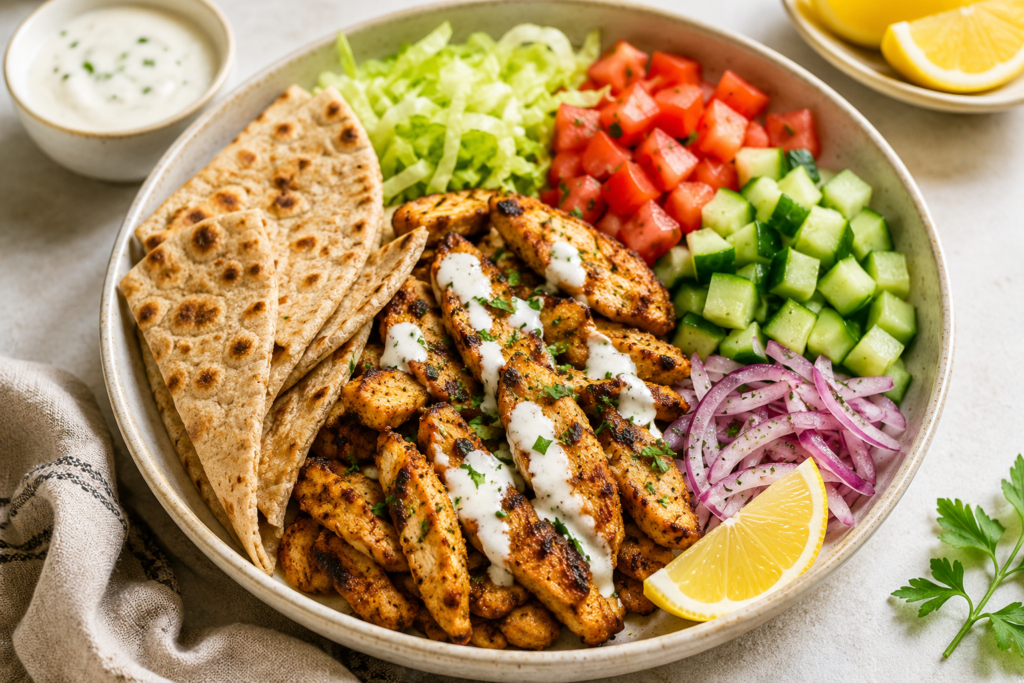 Chicken shawarma wrap plate under 400 calories with spiced grilled chicken, flatbread, cucumber, tomato, red onion, lettuce, yogurt sauce, and lemon in a bright 3:2 food photo.
