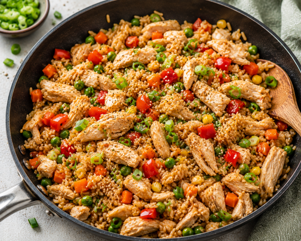 Chicken veggie fried rice skillet with rotisserie chicken, rice, peas, carrots, red bell pepper, green onions, and sesame seeds.