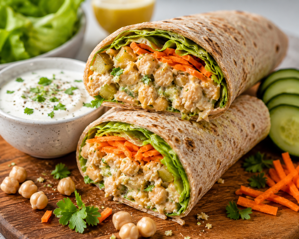 Chickpea yogurt wrap with lettuce, grated carrot, pickles, cucumber, and creamy chickpea filling, served as a budget-friendly meal under 400 calories.