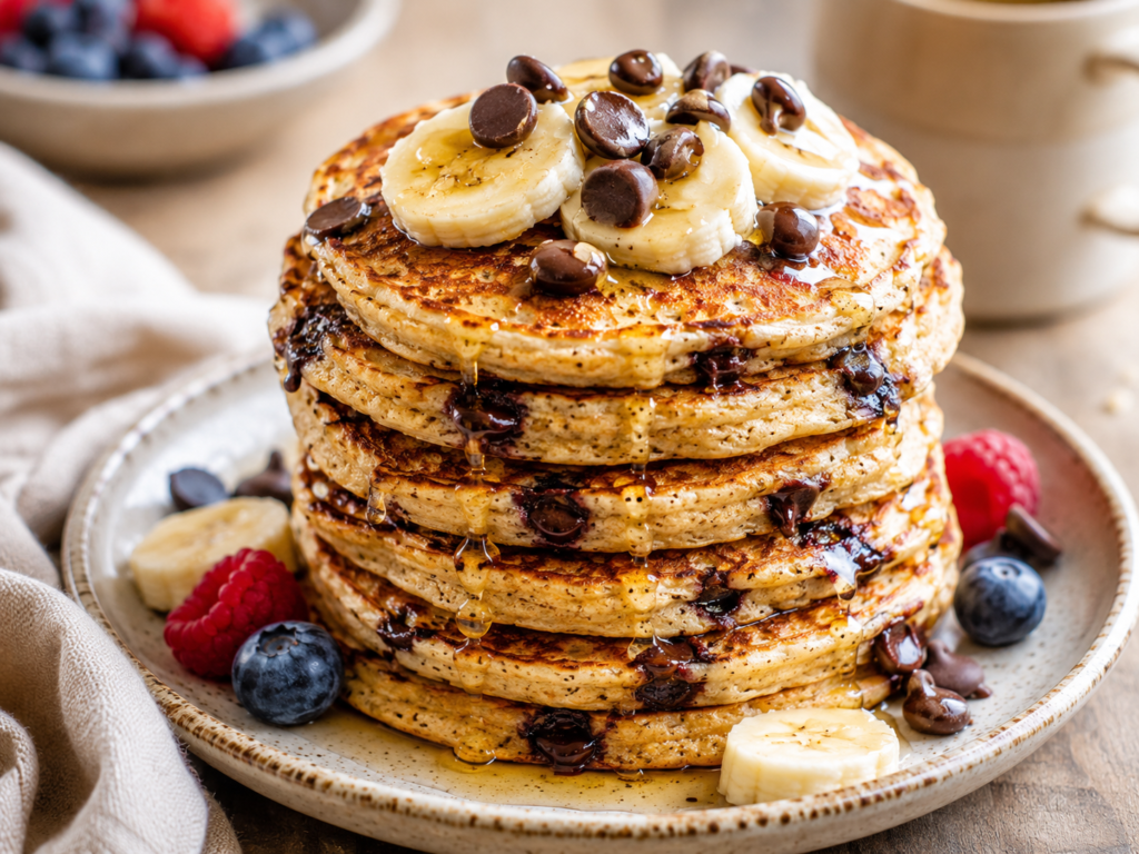 Stack of chocolate chip banana pancakes topped with banana slices, melted chocolate chips and a light syrup drizzle.