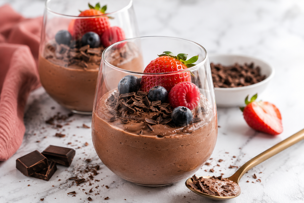 Chocolate Greek yogurt mousse topped with fresh berries and dark chocolate shavings in glass cups.
