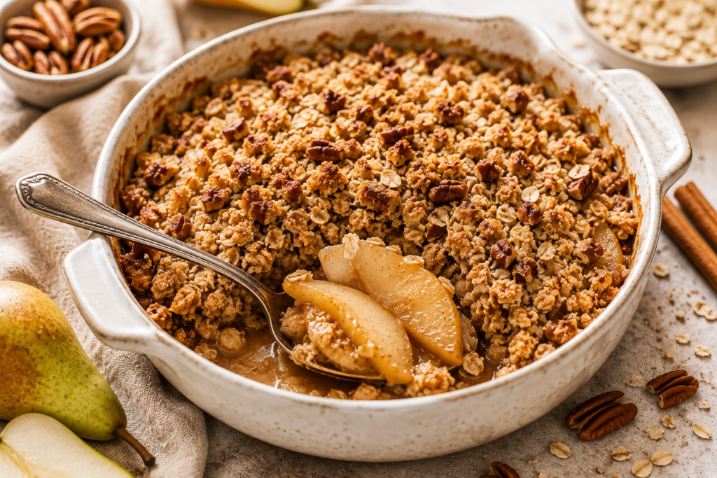 Cinnamon pear oat crisp baked with golden oat topping and soft pear slices in a rustic baking dish.
