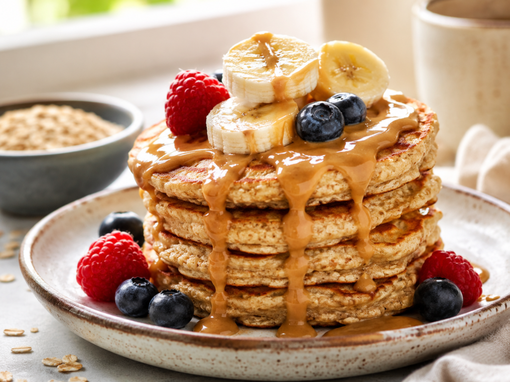 Stack of classic banana oat pancakes topped with peanut butter, banana slices and fresh berries.