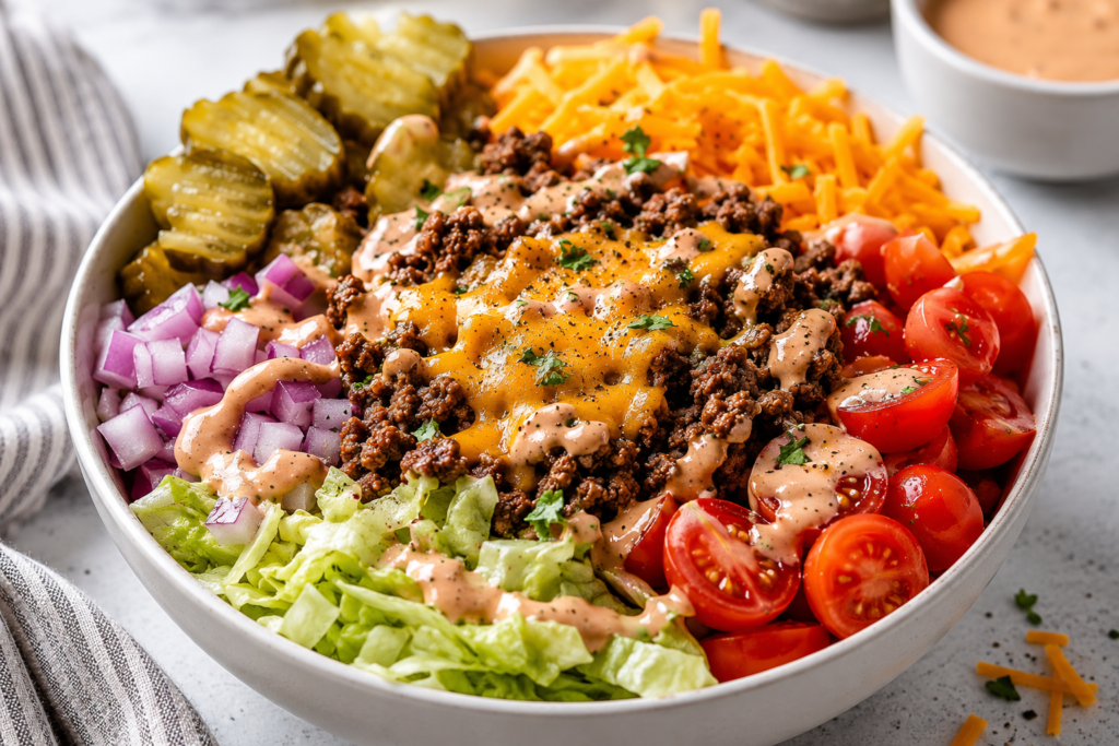 Classic cheeseburger bowl with lean beef, cheddar, lettuce, pickles, tomatoes, red onion and light burger sauce under 400 kcal
