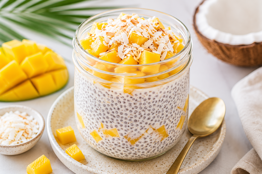 Coconut mango chia pudding topped with fresh mango cubes and toasted coconut flakes in a tropical overnight breakfast jar.
