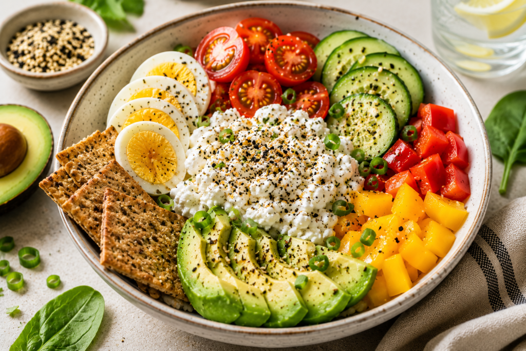 Cottage cheese power bowl under 400 calories with boiled eggs, avocado, cucumber, tomatoes, bell peppers, and seeded crackers.