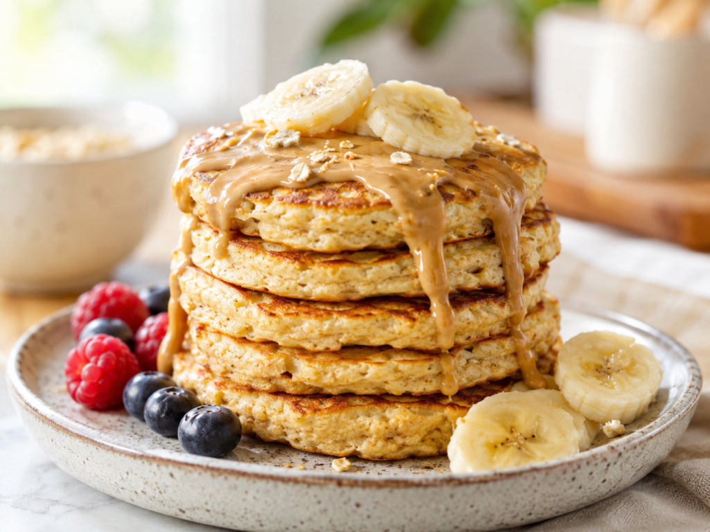 Stack of cottage cheese protein pancakes topped with peanut butter drizzle, banana slices and fresh berries.