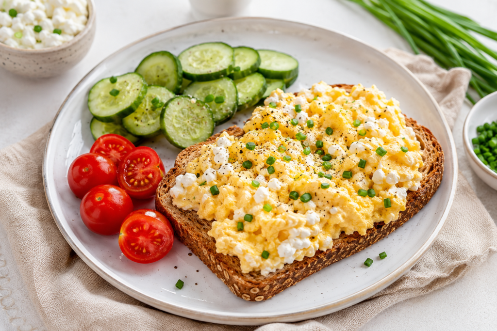 Cottage cheese scrambled eggs toast plate under 400 calories served with cucumber slices, cherry tomatoes, chives, and whole grain toast.