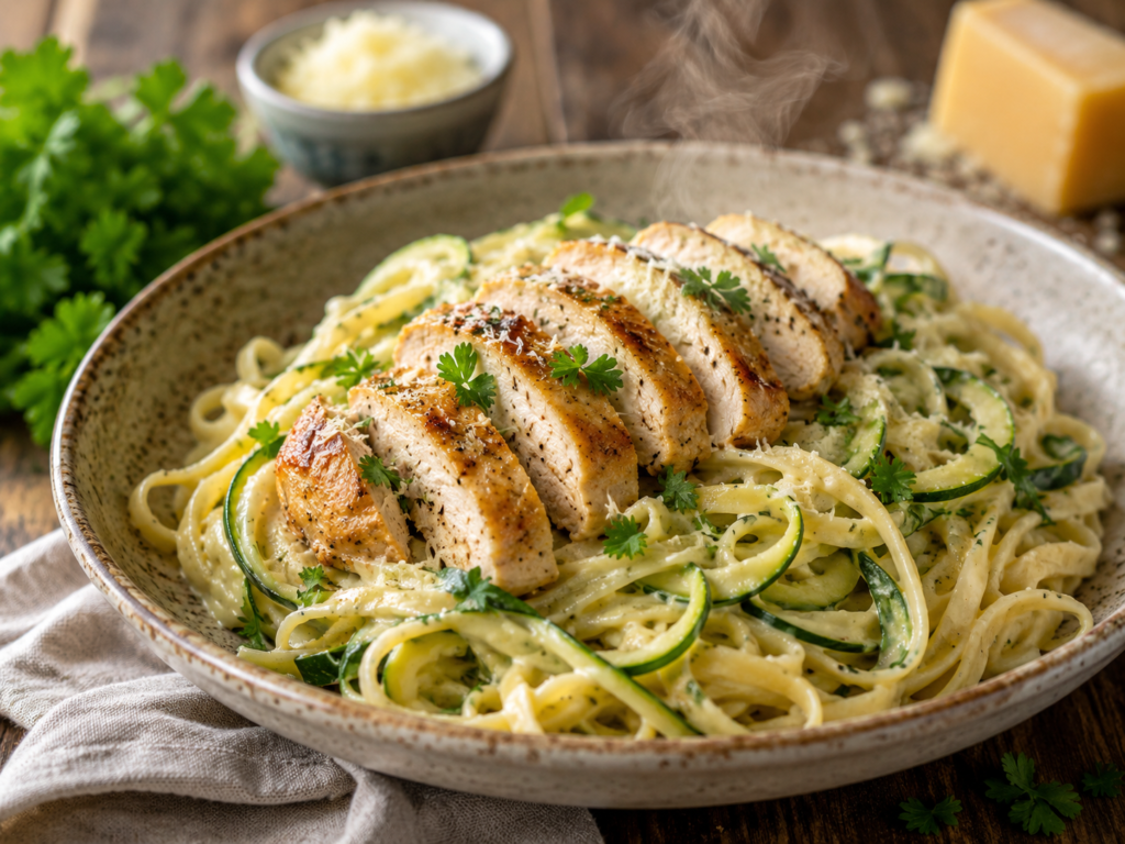 Creamy chicken and zucchini fettuccine with sliced chicken breast, Parmesan and fresh parsley in a rustic bowl.