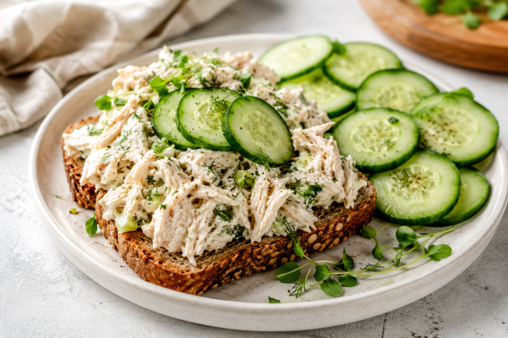 Creamy rotisserie chicken salad on whole grain toast with fresh cucumber slices, herbs, black pepper, and a light yogurt dressing.