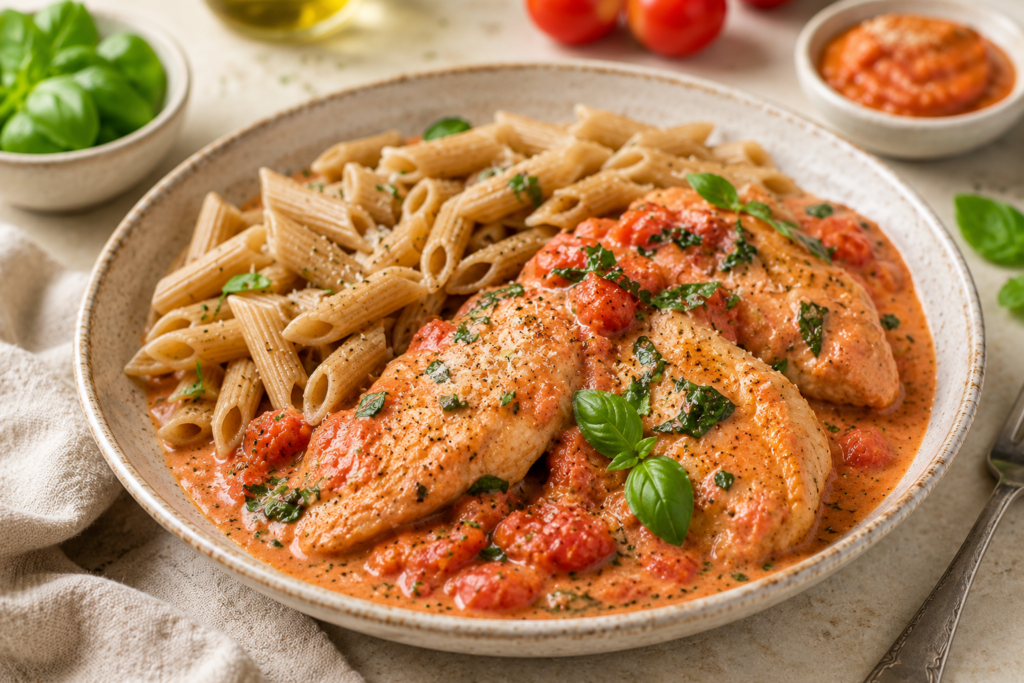 Creamy tomato basil chicken served with whole wheat penne and fresh basil as an easy slow cooker dinner under 400 calories.