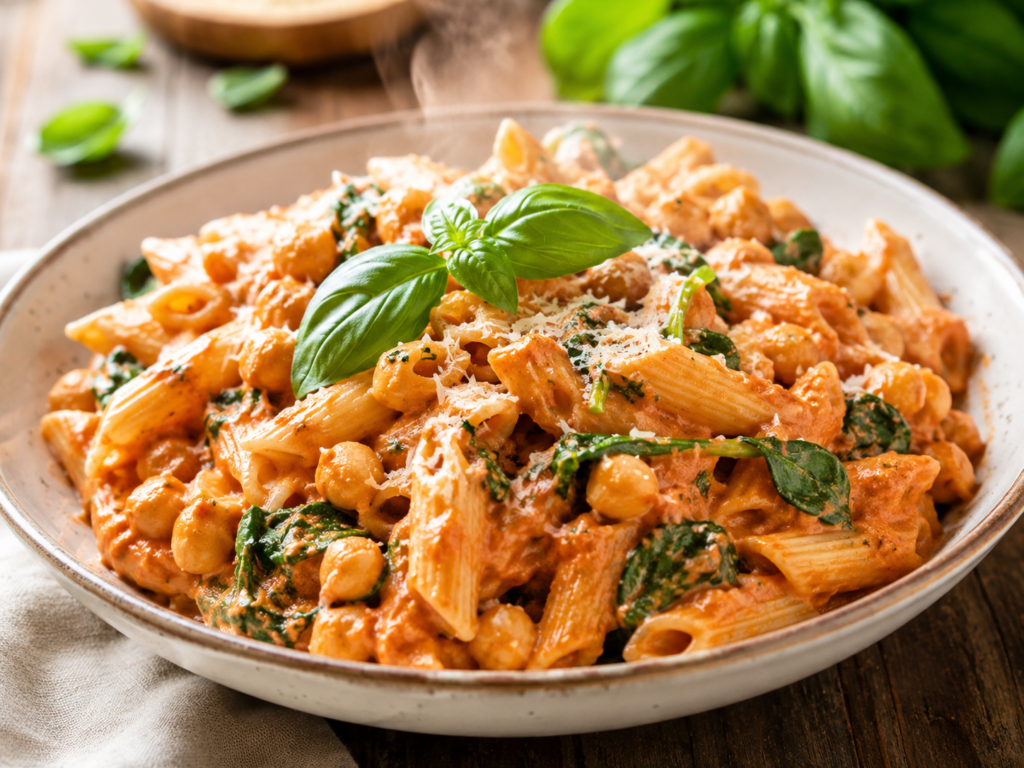 Creamy tomato basil chickpea pasta with spinach, Parmesan and fresh basil in a rustic bowl.