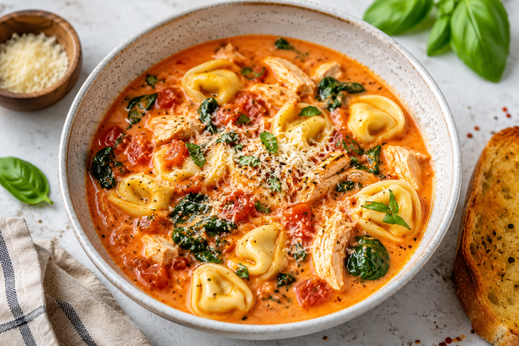 Creamy tomato chicken tortellini soup with spinach, Parmesan, basil, and tender tortellini, served as an easy dinner under 400 calories.