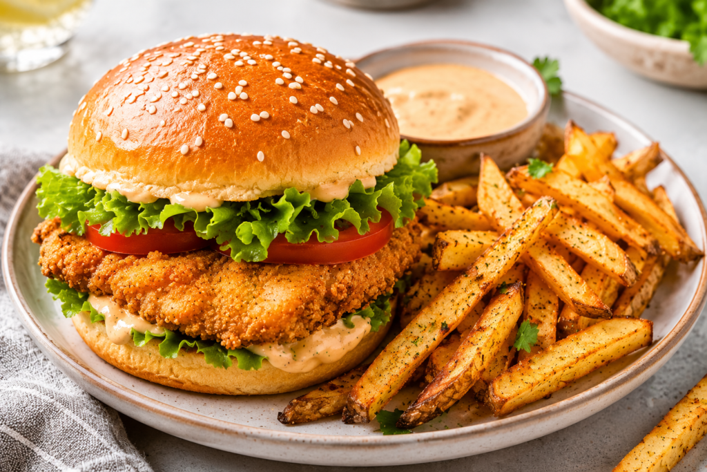 Crispy chicken burger with lettuce tomato and baked fries served with light dipping sauce under 400 kcal
