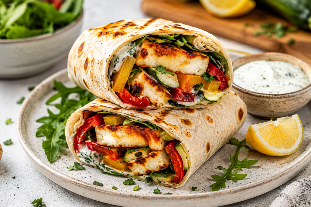 Crispy halloumi veggie wrap with grilled vegetables and creamy yogurt sauce served as an easy vegetarian air fryer meal under 400 calories.