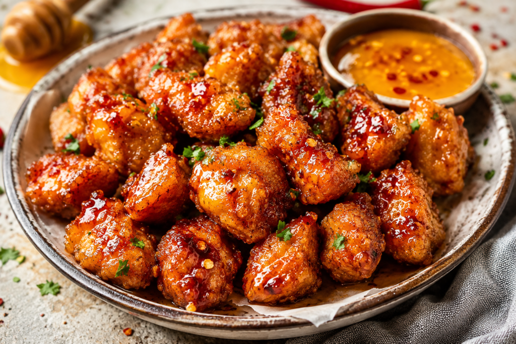 Crispy hot honey chicken bites with chili flakes and honey dip, served in a rustic bowl for an easy air fryer recipe under 400 calories.