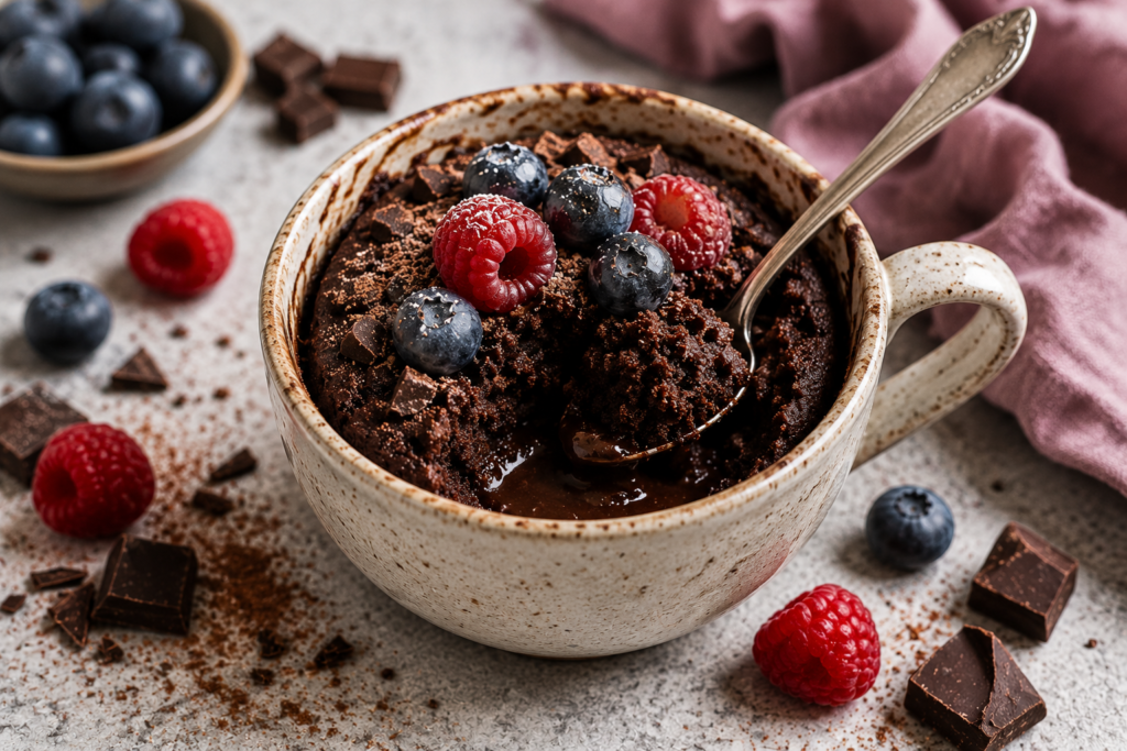 Dark chocolate berry mug cake topped with raspberries and blueberries in a ceramic mug with melted chocolate center.