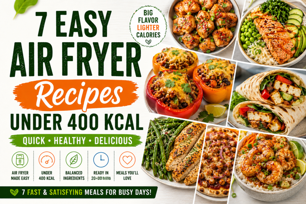 Featured collage of easy air fryer recipes under 400 kcal including salmon bowls, stuffed peppers, wraps, chicken, and shrimp meals.