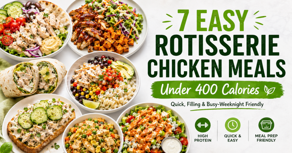 Seven easy rotisserie chicken meals under 400 calories with chicken bowls, wraps, toast, salad, sweet potatoes, rice, and fresh vegetables.
