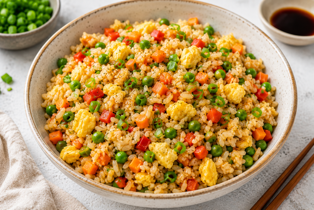 Egg and veggie fried rice with peas, carrots, scrambled eggs, spring onion, and soy sauce, served as an easy dinner under 400 calories.