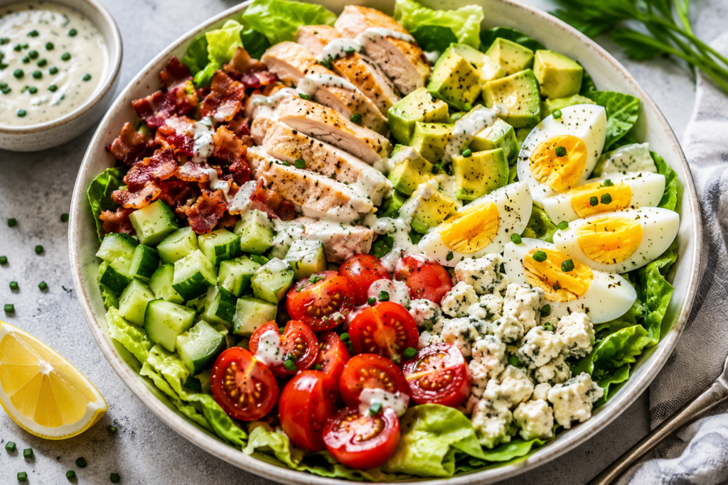 Egg and avocado Cobb-style salad with boiled eggs, avocado, romaine lettuce, cucumber, cherry tomatoes, crumbled cheese, herbs, and creamy yogurt dressing.