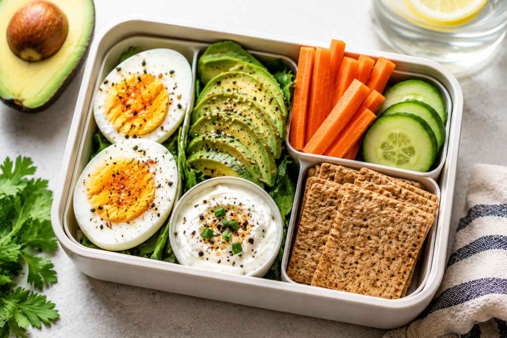 Egg and avocado snack box with hard-boiled eggs, avocado slices, carrots, cucumber, crackers, and creamy dip in a healthy lunchbox under 400 kcal.