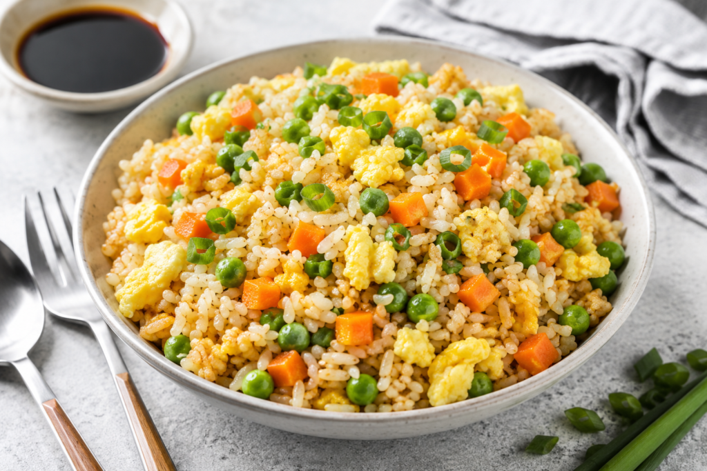 Egg fried rice with peas, carrots, scrambled egg, and green onion in a bowl, served as a budget-friendly meal under 400 calories.
